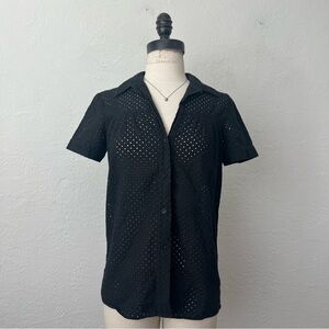 THEORY Shama Eyelet Button Up Short Sleeve Blouse Petite/ Small